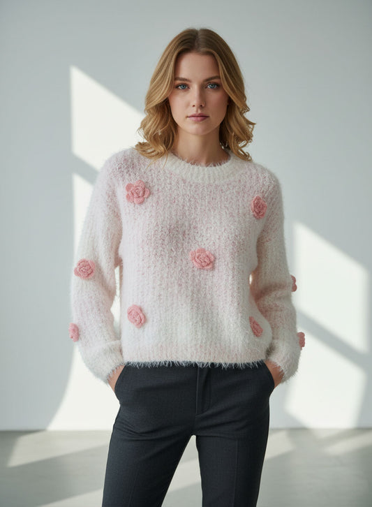 Fuzzy Bloom Knit Sweater - Pink