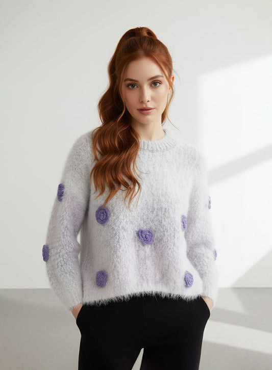 Fuzzy Bloom Knit Sweater - Purple