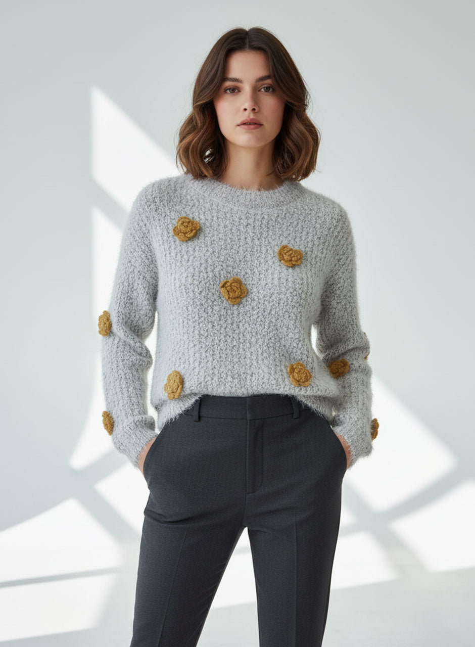 Fuzzy Bloom Knit Sweater - أصفر