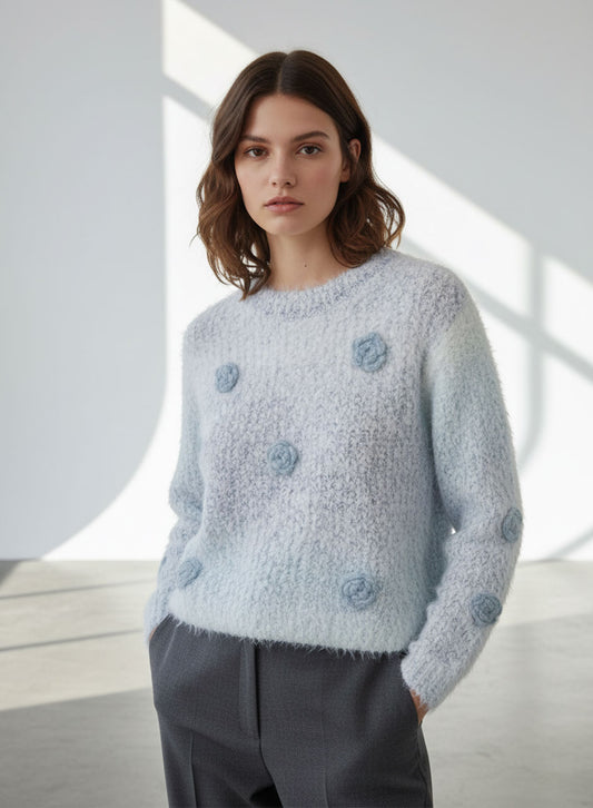 Fuzzy Bloom Knit Sweater - Grey