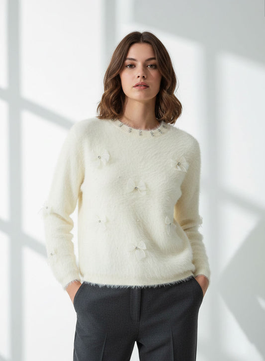 Fuzzy Bow Sweater - Ivory