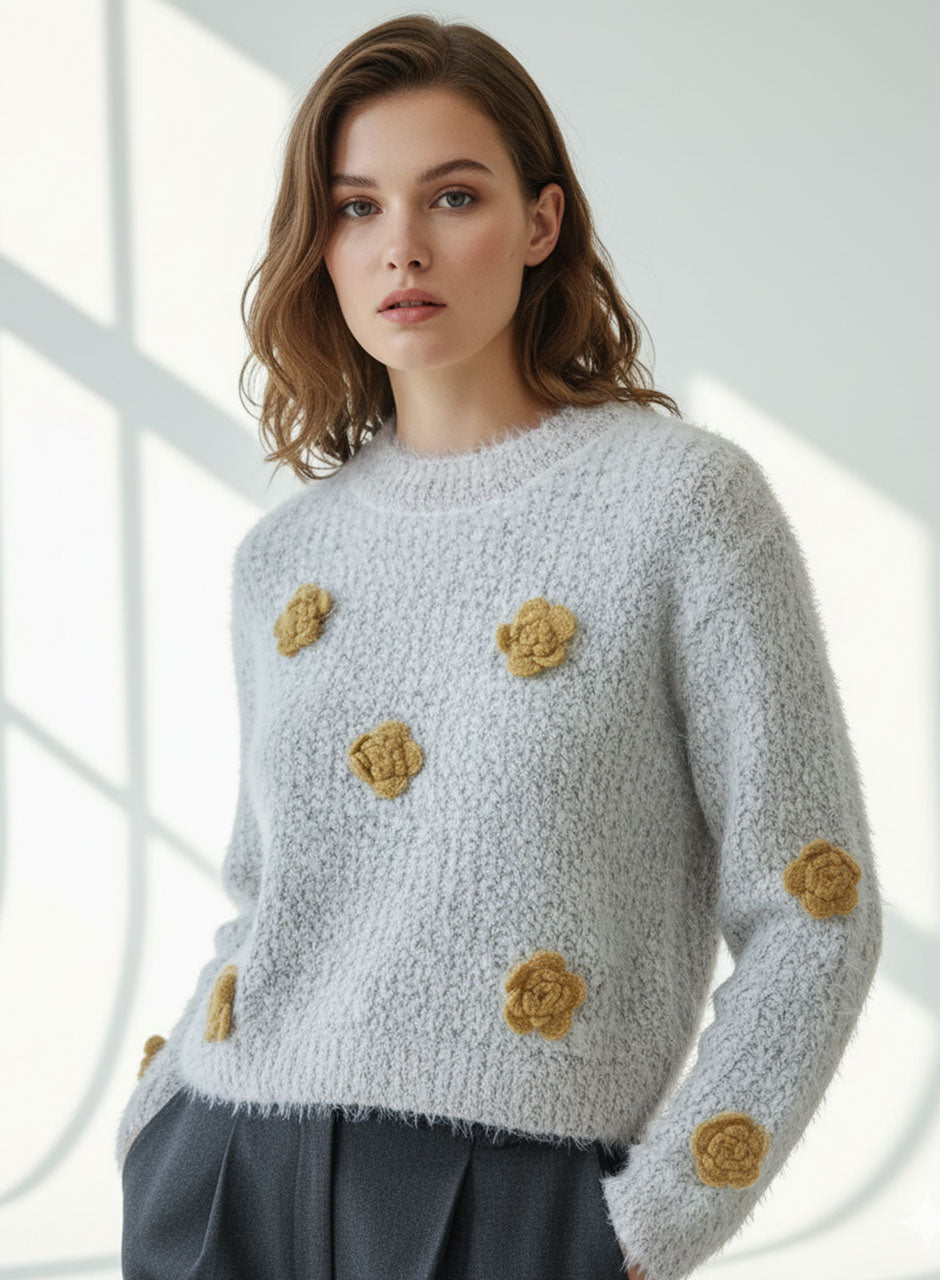 Fuzzy Bloom Knit Sweater - أصفر