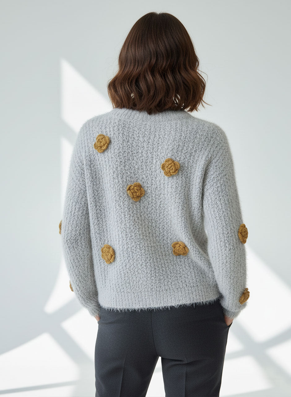 Fuzzy Bloom Knit Sweater - أصفر